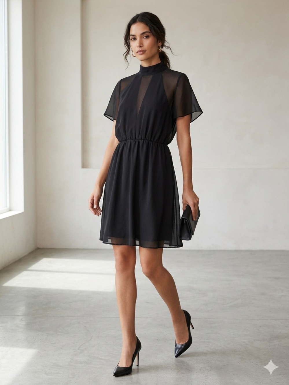 BCBGeneration Sheer Illusion Deep V Neck Mock Neck Black Dress